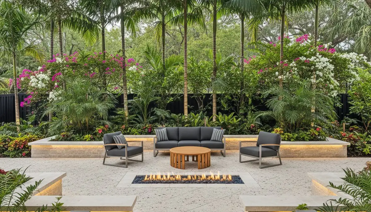 Backyard entertaining patio with lush landscaping and lighting in Fort Lauderdale, FL by Chop Chop Landscaping