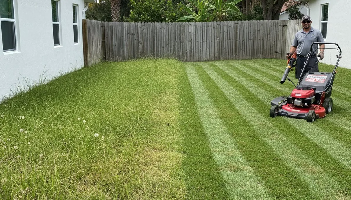 Before and after professional lawn mowing in Fort Lauderdale, FL showing yard transformation by Chop Chop Landscaping