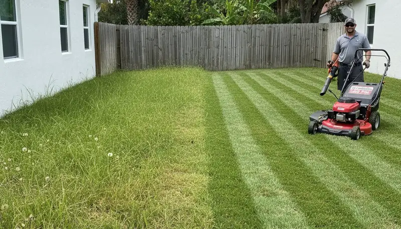 Before and after professional lawn mowing in Fort Lauderdale, FL showing yard transformation by Chop Chop Landscaping