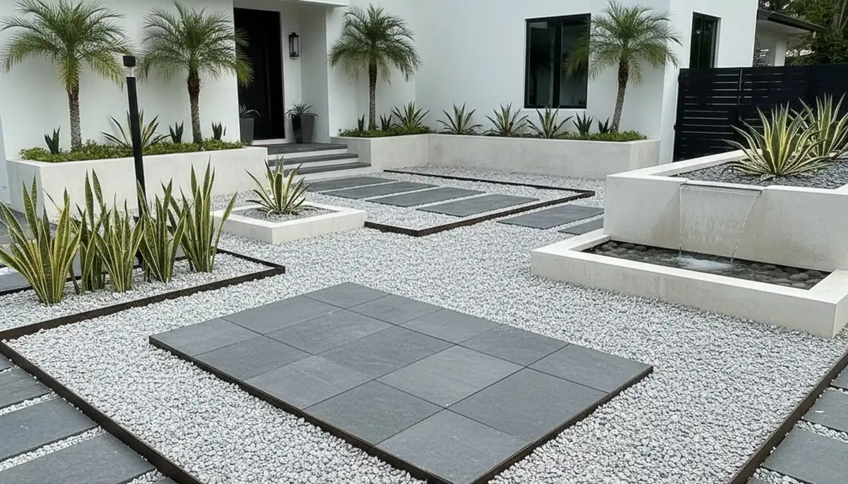 Modern pea gravel landscape with clean lines and plants in Fort Lauderdale, FL by Chop Chop Landscaping
