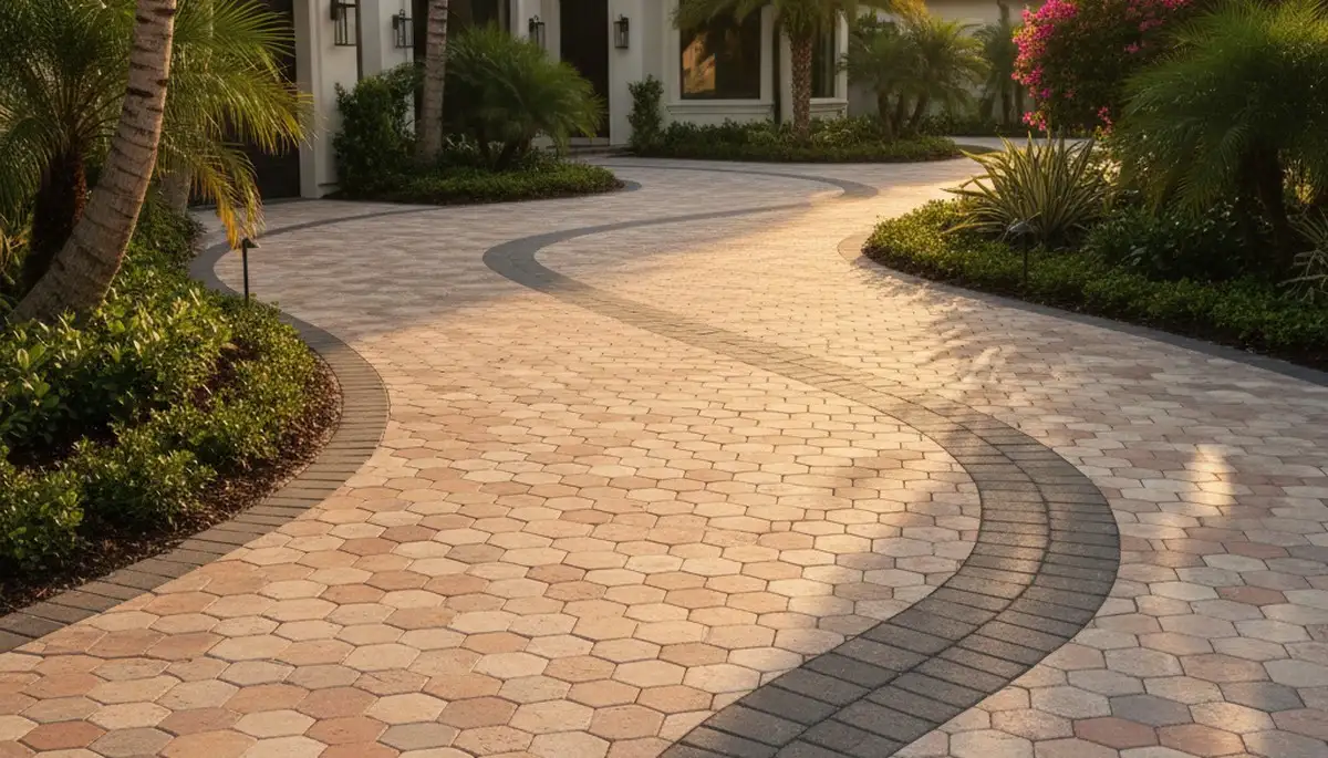Curved paver driveway design by Chop Chop Landscaping in Fort Lauderdale, FL showcasing expert craftsmanship
