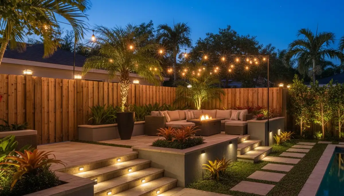 Evening deck and patio lighting by Chop Chop Landscaping in Fort Lauderdale, FL for safe, stylish outdoor living