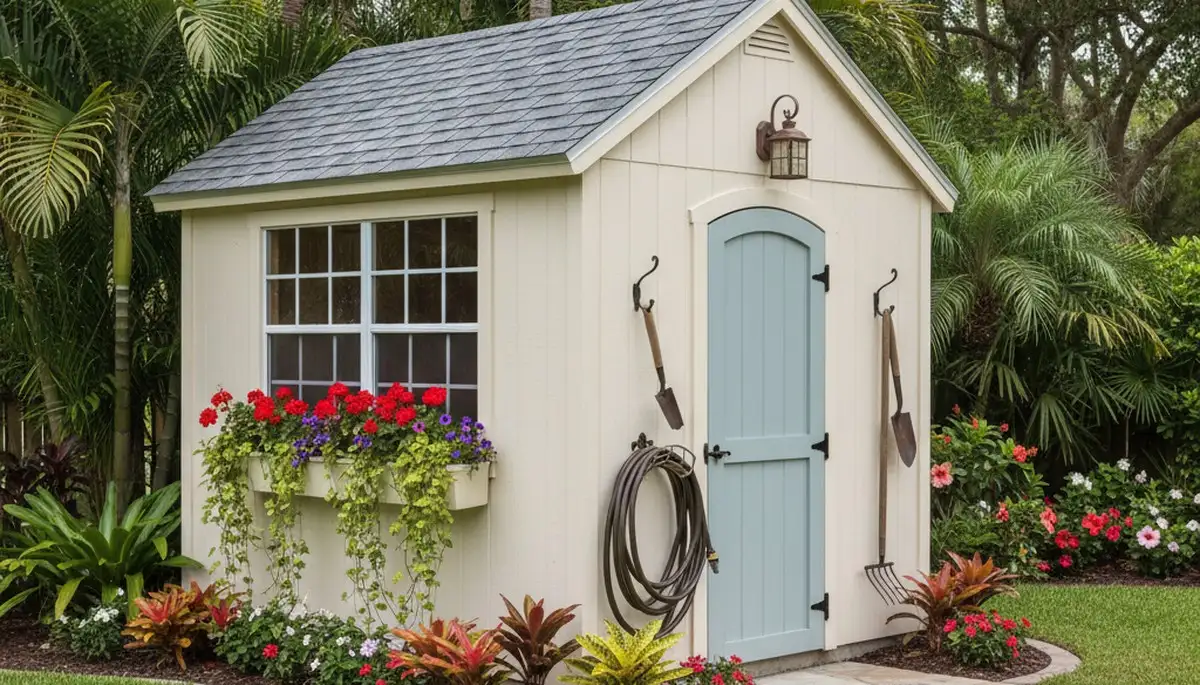 Decorative garden shed with lush landscaping in Fort Lauderdale FL by Chop Chop Landscaping