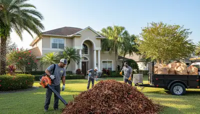 Technicians performing fall leaf removal and yard clean up in Fort Lauderdale, FL residential lawn