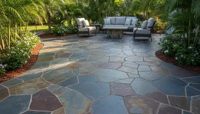 Flagstone patio with natural slate pavers installed by Chop Chop Landscaping in Fort Lauderdale, FL
