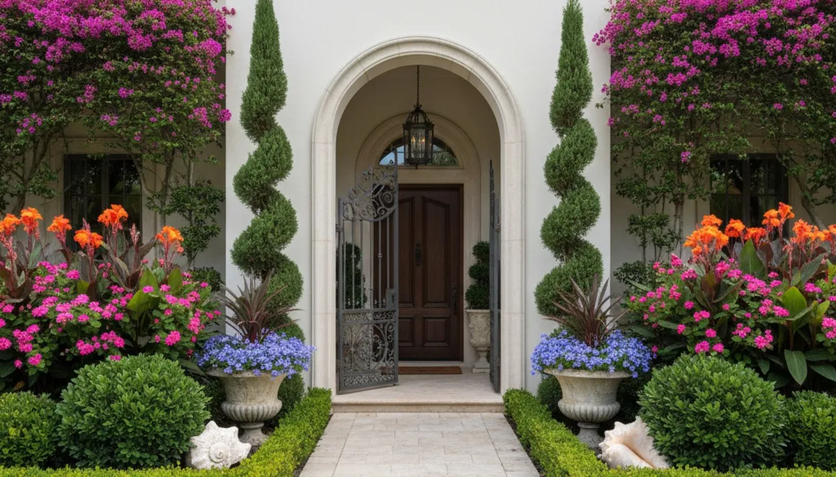 Front yard landscape design with colorful plants and shaped shrubs in Fort Lauderdale, FL