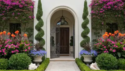 Front yard landscape design with colorful plants and shaped shrubs in Fort Lauderdale, FL
