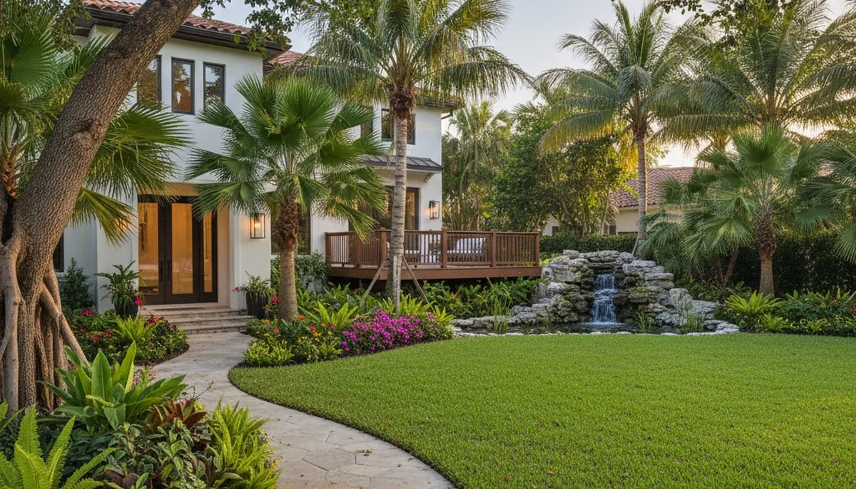 Full property landscape transformation with lush lawn and garden design in Fort Lauderdale, FL