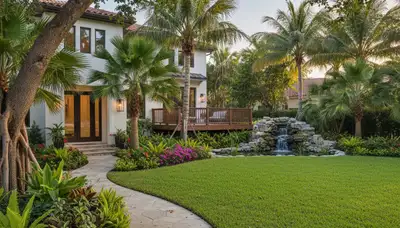 Full property landscape transformation with lush lawn and garden design in Fort Lauderdale, FL