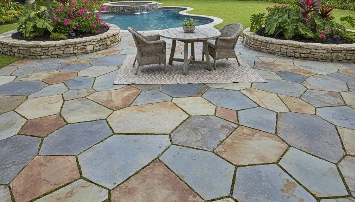 Modern large format stone slab patio installation by Chop Chop Landscaping in Fort Lauderdale, FL