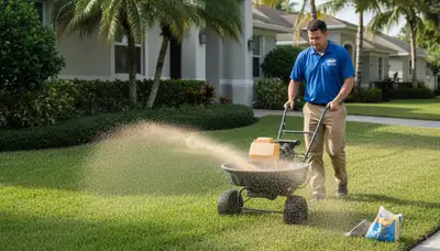 Lawn care technician spreading fertilizer evenly on residential turf in Fort Lauderdale, FL