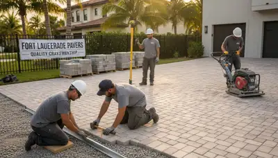Technicians installing driveway pavers in Fort Lauderdale FL with expert landscaping precision