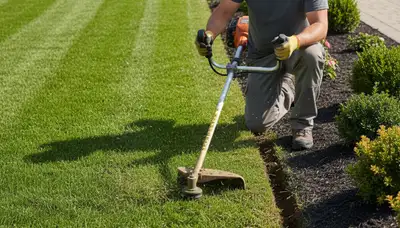 Technician edging lawn borders with string trimmer for Chop Chop Landscaping in Fort Lauderdale, FL