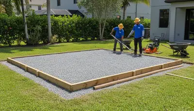 Shed base preparation with level gravel pad and drainage by landscapers in Fort Lauderdale, FL