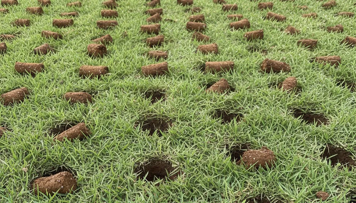 Close-up of lawn aeration soil cores in Fort Lauderdale, FL showing deep plugs from professional service