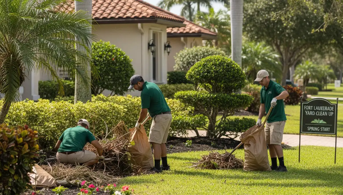 Landscapers performing spring yard clean up and garden bed pruning in Fort Lauderdale, FL
