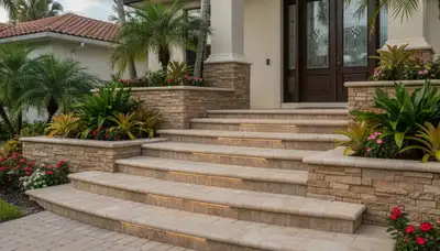 Stone paver entry steps installation at home entrance by Chop Chop Landscaping in Fort Lauderdale, FL