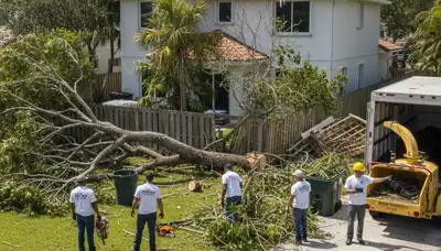 Landscaping crew clearing storm debris and branches at a residential yard in Fort Lauderdale, FL