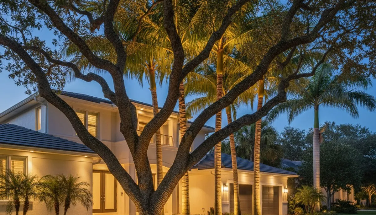 Tree uplighting with professional landscape lighting design in Fort Lauderdale, FL at night